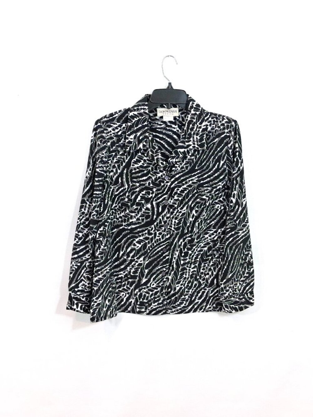 Donnkenny Petite Animal Print Blouse Black White Gray Size PL, 90s Y2K